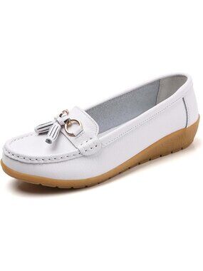 Women White Leather Round Toe Casual Slip-on Boat Comfort Soft Sole Leather
